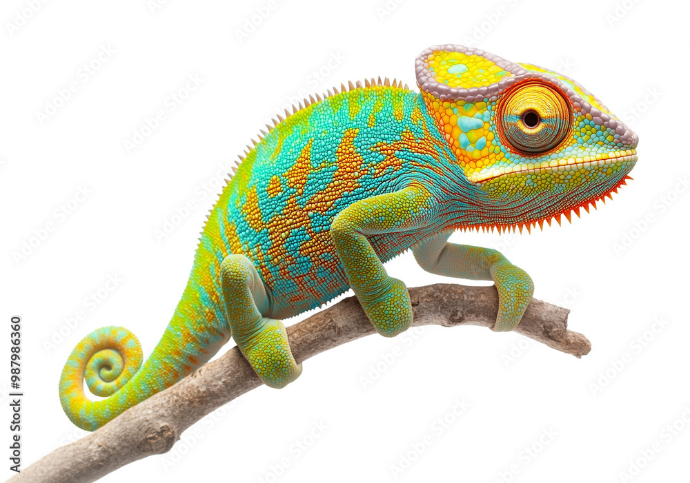 Fototapeta premium Chameleon on Branch Isolated on Transparent Background PNG 