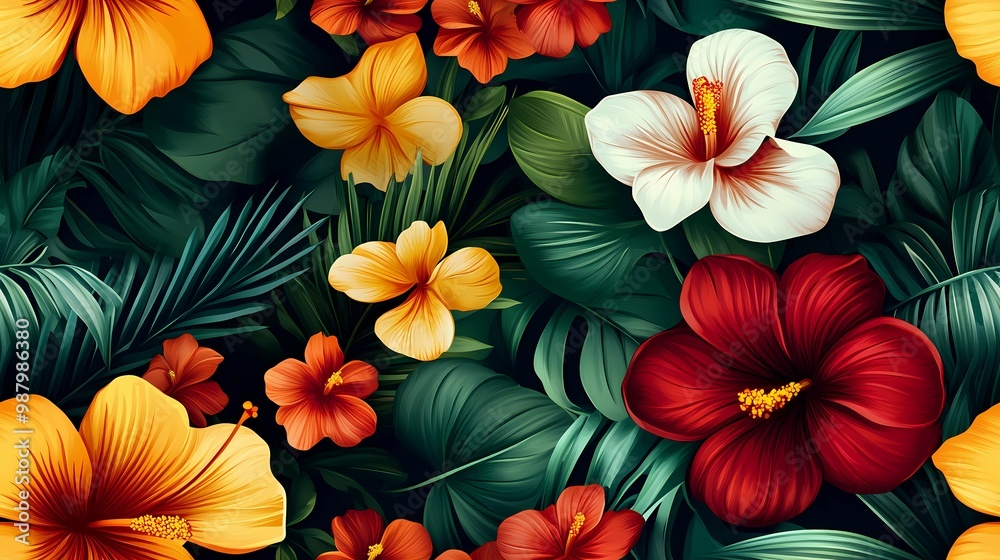 Vivid Tropical Flowers and Lush Green Foliage Seamless Pattern
