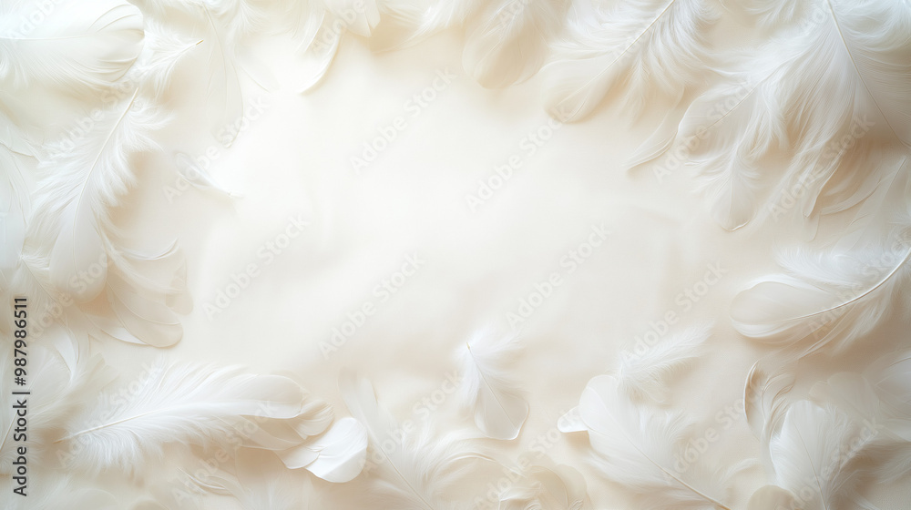 feathers: a soft frame made from white feathers, arranged in a loose, airy pattern around the borders of a pale background, the feathers are spread out with a sense of lightness feathers: a soft frame made from white feathers, arranged in a loose, airy pattern around the borders of a pale background, the feathers are spread out with a sense of lightness