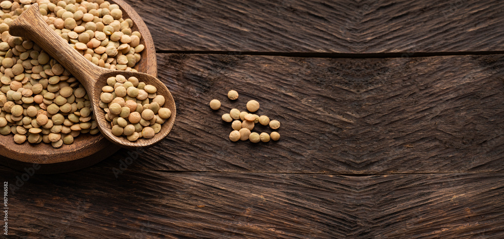 Brown lentils in bowl and spoon - Lens culinaris organic. Brown lentils in bowl and spoon - Lens culinaris organic.