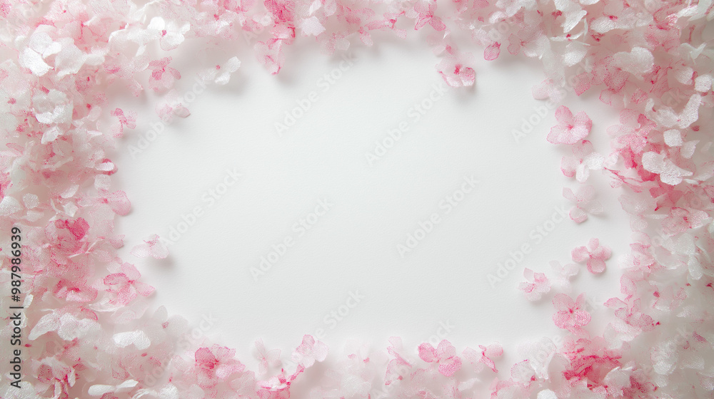 Fototapeta premium frosted pink and white confetti: a soft frame made from frosted pink and white confetti, scattered around the edges of a pale white background, the gentle colors create a delicate and dreamy border