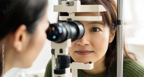 Asian female patient undergoing an eye exam with a slit lamp at an ophthalmologist's office.