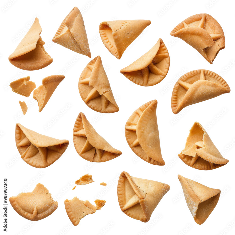 Fortune cookie cookie biscuit wafer pastry dessert. Many assorted different angles, broken, cracked, empty blank note, break isolated on transparent or white background