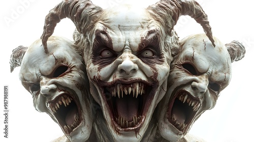 A terrifying banshee with a wailing mouth, adorned with eerie Halloween party masks, 3D rendering, horror style, isolated on white background