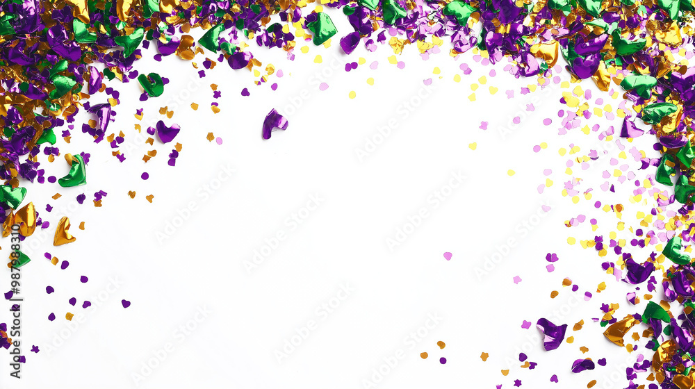 mardi gras confetti: a lively frame made from purple, green, and gold mask-shaped confetti, scattered around a bright white background, the bold colors create a festive border mardi gras confetti: a lively frame made from purple, green, and gold mask-shaped confetti, scattered around a bright white background, the bold colors create a festive border