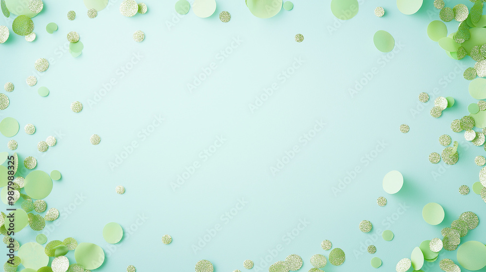 mint and light green confetti: a refreshing frame made from mint and light green confetti, scattered around the edges of a pale mint background, the soft greens create a cool and serene border