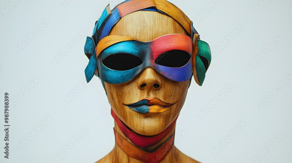 A wooden dummy adorned with Halloween party masks, surreal concept, vibrant colors, isolated on white background A wooden dummy adorned with Halloween party masks, surreal concept, vibrant colors, isolated on white background