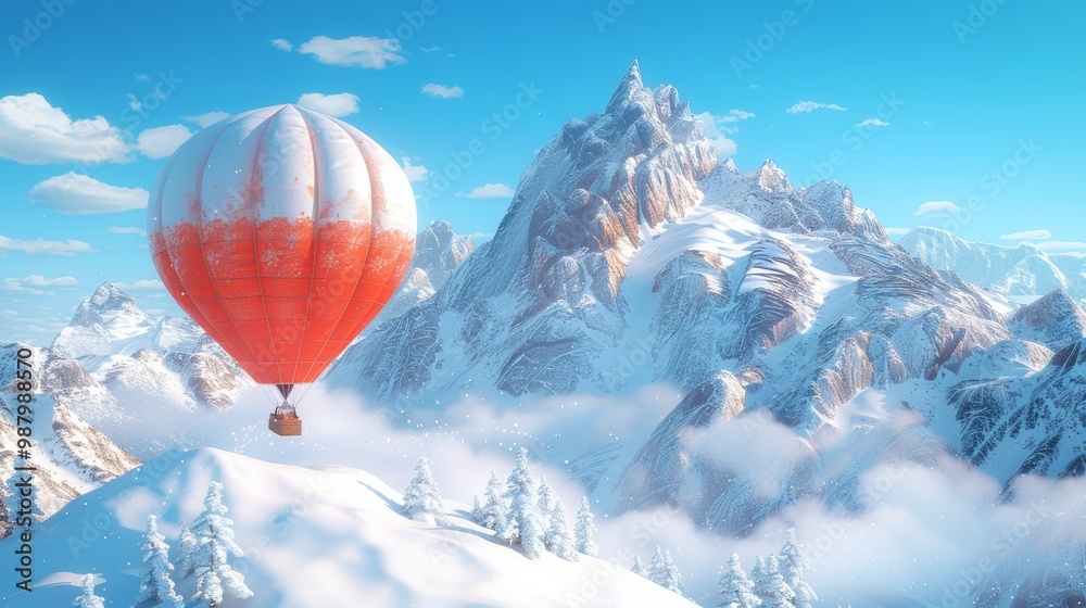 A red and white hot air balloon gracefully soaring over a breathtaking landscape of snow-capped mountains on a sunny day, creating a picturesque scene of tranquility and adventure. A red and white hot air balloon gracefully soaring over a breathtaking landscape of snow-capped mountains on a sunny day, creating a picturesque scene of tranquility and adventure.