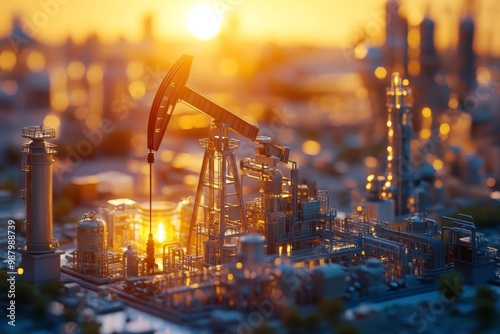 Stunning artwork of an oil pump and refinery at sunset  a creative take on energy industry themes photo