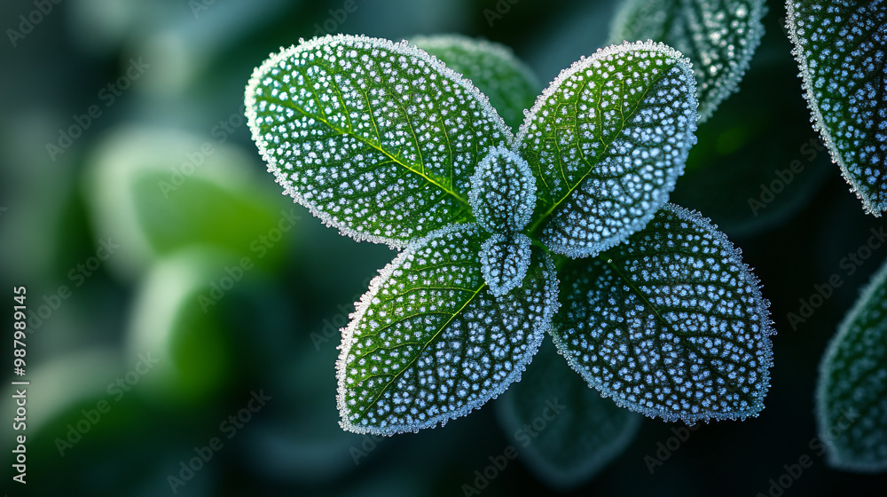Frosted Green Leaf with Crystal Patterns in Macro Detail Closeup Frozen Leaves Plants on a cold Icy Day Frosted Green Leaf with Crystal Patterns in Macro Detail Closeup Frozen Leaves Plants on a cold Icy Day