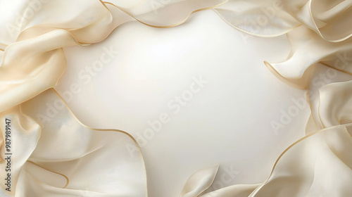 ribbons: a flowing frame made from delicate ribbons, loosely placed around the borders of a simple white background, the ribbons' curves and soft folds create gentle waves