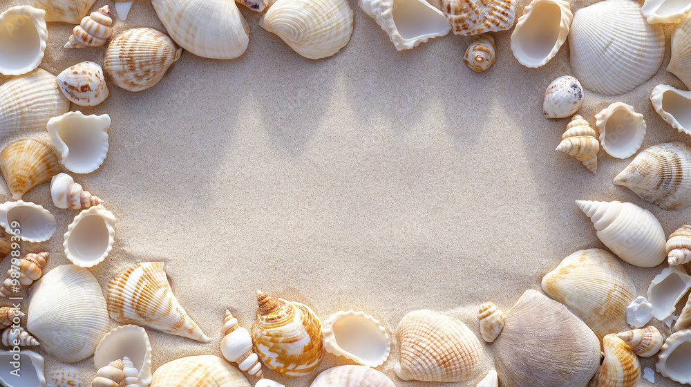 Obraz premium seashells: a natural frame made from small seashells, arranged symmetrically around the edges of a soft sandy background, each shell has a distinct shape and texture