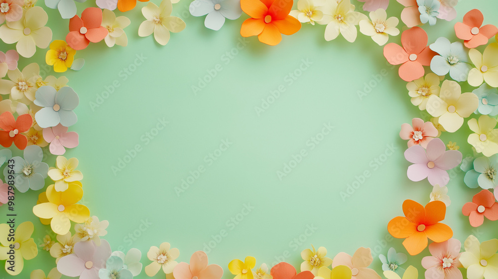 spring celebration confetti: a bright frame made from colorful flower-shaped confetti, scattered around a soft green background, the lively colors evoke feelings of renewal and the beauty of spring spring celebration confetti: a bright frame made from colorful flower-shaped confetti, scattered around a soft green background, the lively colors evoke feelings of renewal and the beauty of spring