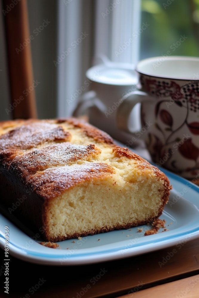 Freshly baked homemade pound cake with a golden crust displayed on a blue plate next to a cup of tea.