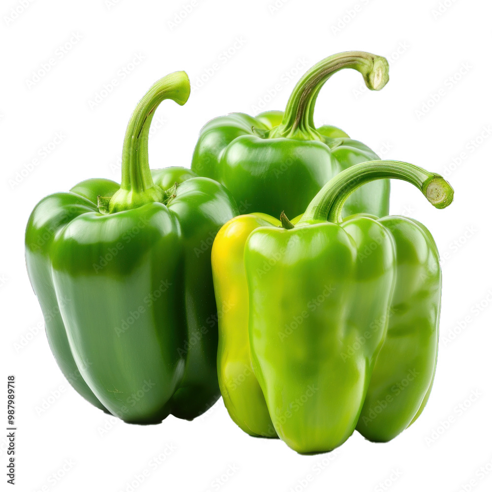 Three whole green bell peppers standing on white background Three whole green bell peppers standing on white background