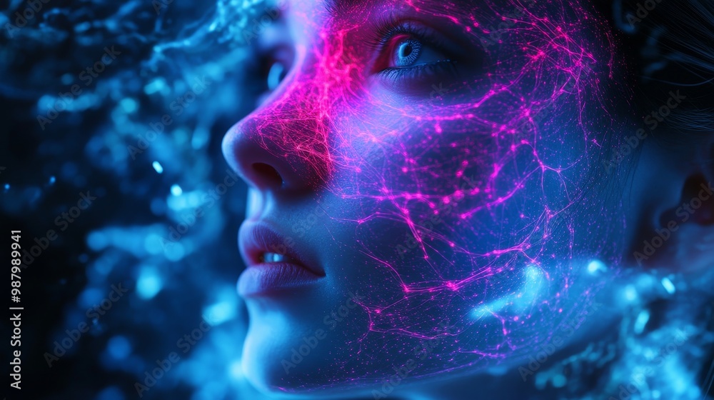 Obraz premium A glowing digital brain pattern overlay on a human face, neural circuits intertwining with futuristic holographic elements, cyberpunk, high-tech, neon blue and pink