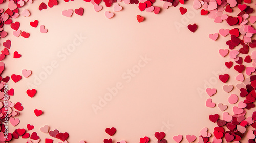 valentineâ€™s day confetti: a romantic frame made from pink and red heart-shaped confetti, arranged around a soft blush background, the sweet colors create a charming border