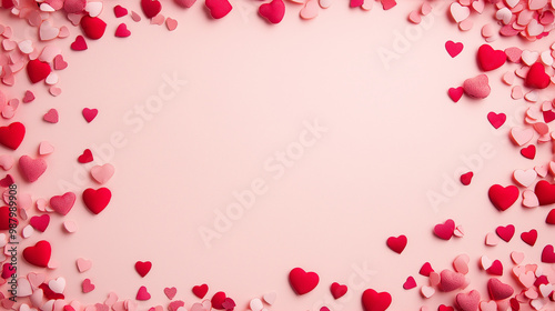 valentineâ€™s day confetti: a romantic frame made from pink and red heart-shaped confetti, arranged around a soft blush background, the sweet colors create a charming border