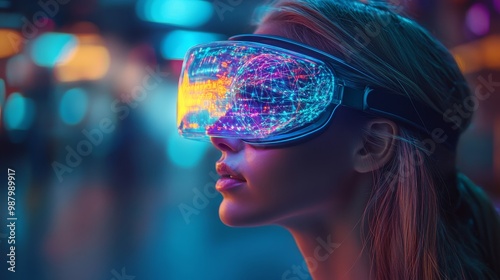 A futuristic woman with augmented reality goggles, her brain lit with vibrant psychedelic waves, neural patterns glowing, exploring consciousness