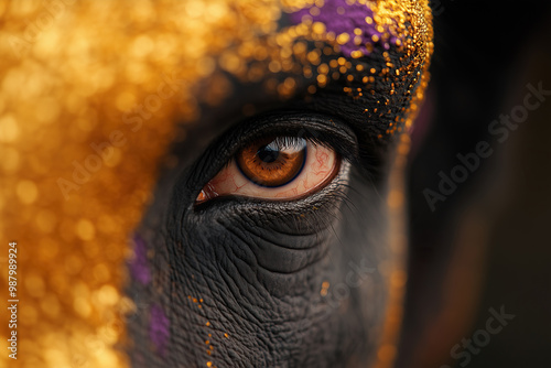 Elephant man concept. Close up of Indian guy in black and golden colors. Ganesh Chaturthi, Diwali. Elephant festival in India, Asia. Close-up. Studio shot photo