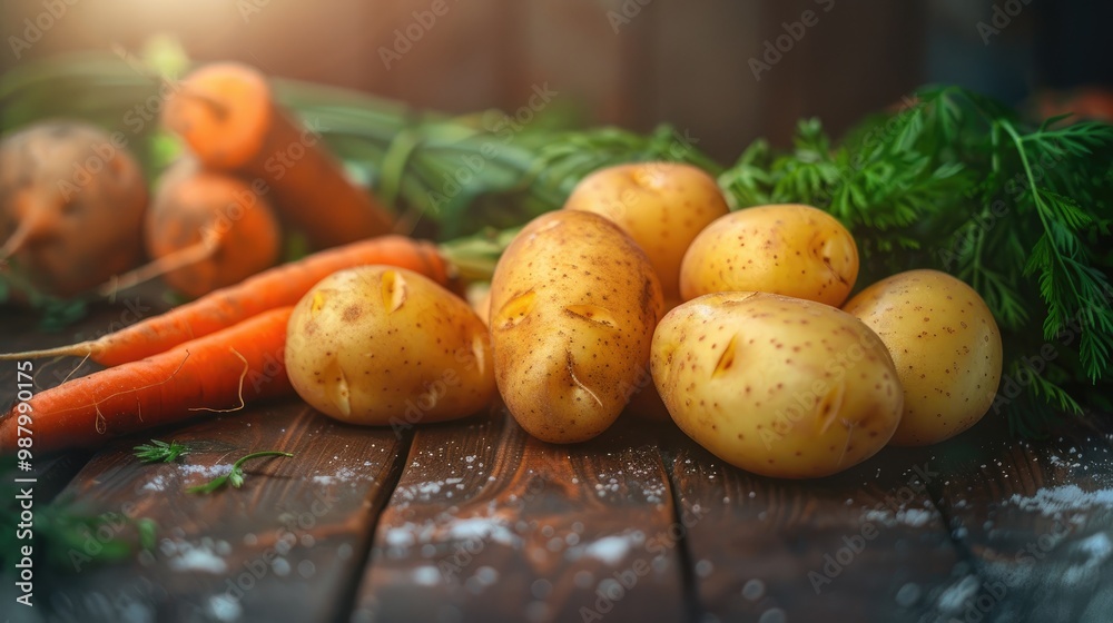 Challenges with Potato and Carrot Supplies on a Wooden Kitchen Surface Challenges with Potato and Carrot Supplies on a Wooden Kitchen Surface