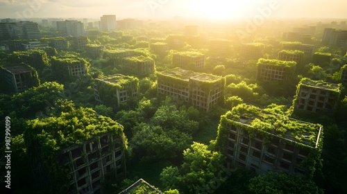 Aerial view of an overgrown post-apocalyptic city with nature reclaiming the streets photo