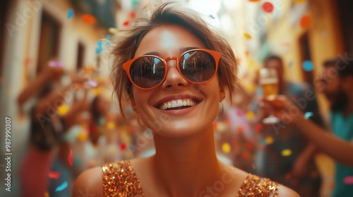 Smiling young woman with sunglasses enjoying a vibrant and colorful street party celebration.