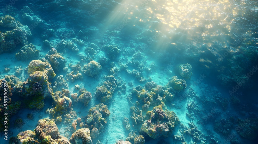Aerial view of vibrant coral reefs, teeming with marine life, in crystal-clear waters, illuminated by golden sunlight, Photorealism, 3D Render, Bright colors, Highly detailed Aerial view of vibrant coral reefs, teeming with marine life, in crystal-clear waters, illuminated by golden sunlight, Photorealism, 3D Render, Bright colors, Highly detailed