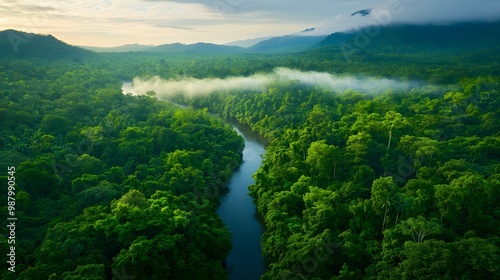 Aerial view of a dense rainforest canopy, rivers weaving beneath the trees, wildlife camouflaged within the foliage, mist rising from hidden waterfalls