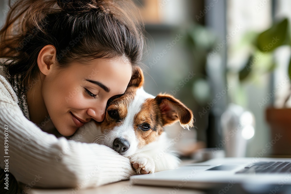 Joyful businesswoman embraces her dog while working in a pet friendly office environment Joyful businesswoman embraces her dog while working in a pet friendly office environment