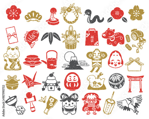 お正月イラストセット　スタンプ風　巳年
