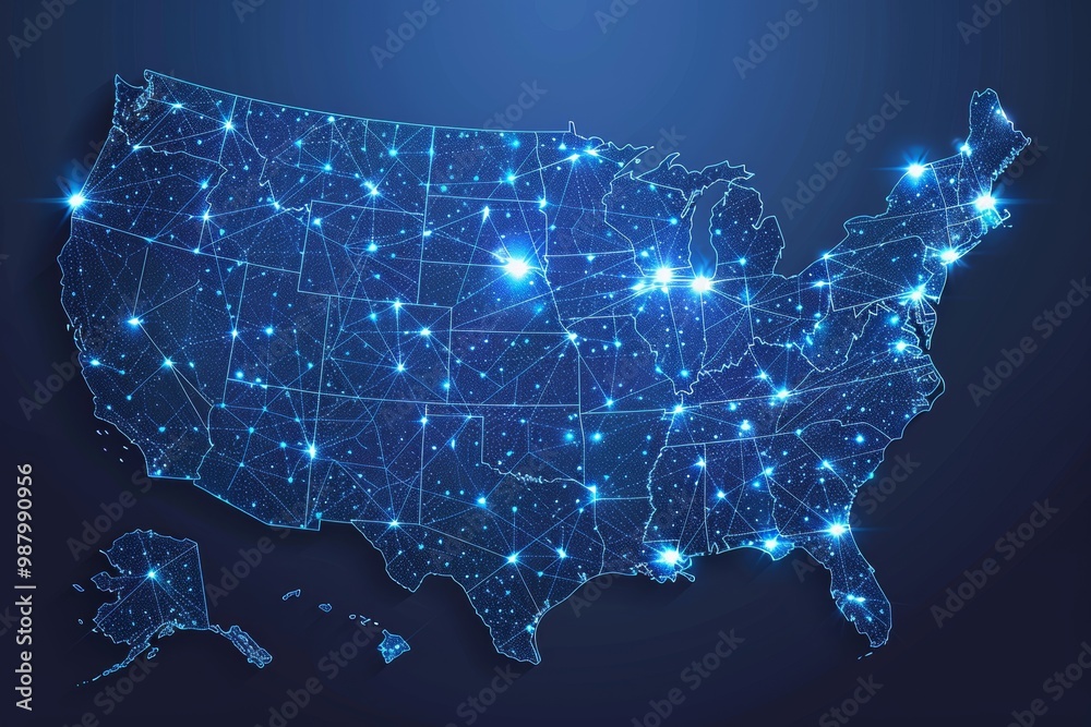 Obraz premium Abstract plexus United States of America map with glowing dots and lines on dark blue background. Concept of global internet connection and communication technology.