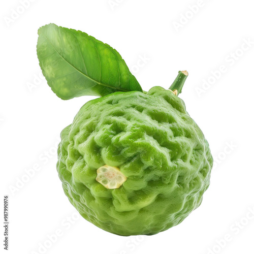 Single bergamot fruit with leaf hanging from the stem, isolated on a white background photo