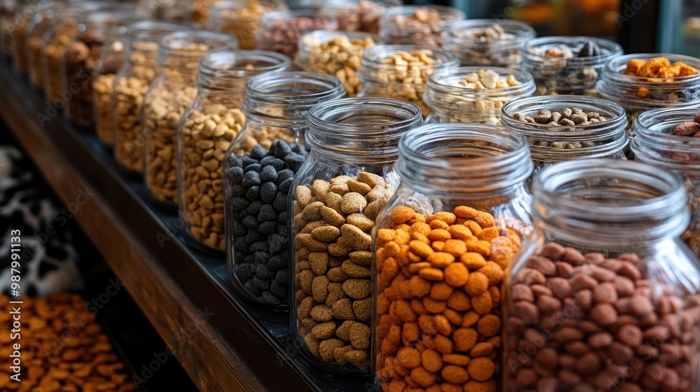 A variety of nuts and seeds displayed in glass jars. A variety of nuts and seeds displayed in glass jars.