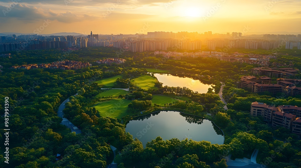 Fototapeta premium Aerial shot of an eco-friendly cityscape with a giant park in the center, merging modern architecture with vast green spaces, promoting sustainability
