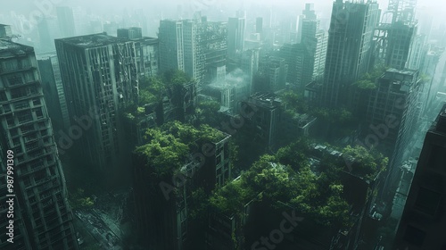 Aerial perspective of a post-apocalyptic metropolis, nature thriving where streets once buzzed, trees rising through shattered concrete, a jungle overtakes the city