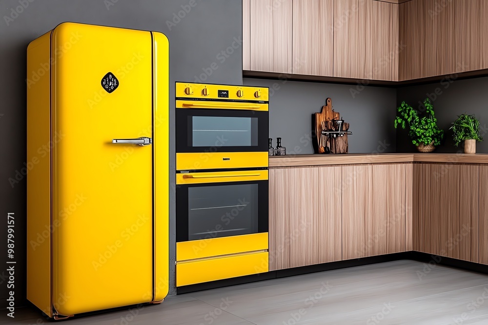 Mustard yellow kitchen appliances, in a sleek, minimalist kitchen with neutral tones and wooden accents Mustard yellow kitchen appliances, in a sleek, minimalist kitchen with neutral tones and wooden accents