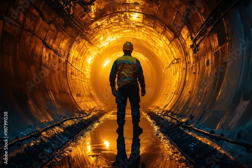 Silhouetted construction worker in tunnel with vibrant orange lighting, creating a dramatic effect. photo