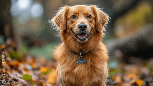 A cheerful golden dog smiling in a forest with autumn leaves.