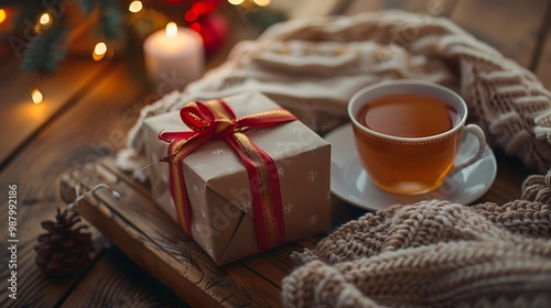 A beautifully wrapped gift beside an elegant teacup and saucer creates a cozy atmosphere perfect for a serene tea time experience in a delightful home setting photo