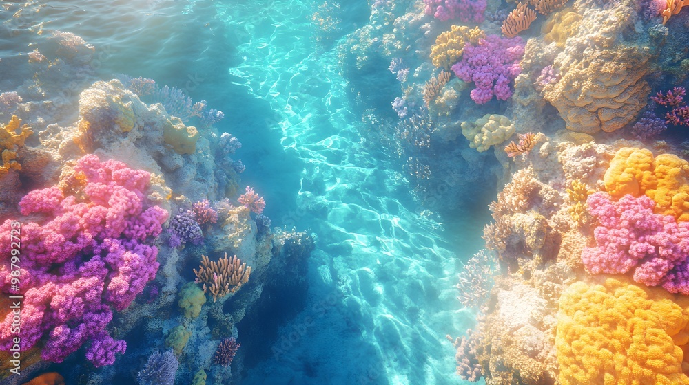 Fototapeta premium Aerial view of vibrant coral reefs, teeming with marine life, in crystal-clear waters, illuminated by golden sunlight, Photorealism, 3D Render, Bright colors, Highly detailed