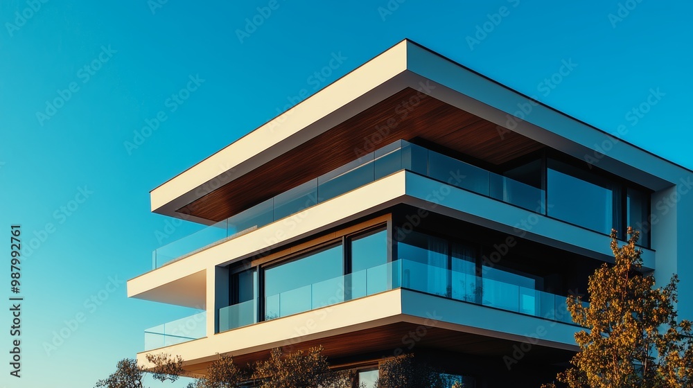 Modern cube house with sleek, cantilevered balconies and large corner windows, emphasizing minimalistic architecture and dramatic shadows against the sky Modern cube house with sleek, cantilevered balconies and large corner windows, emphasizing minimalistic architecture and dramatic shadows against the sky