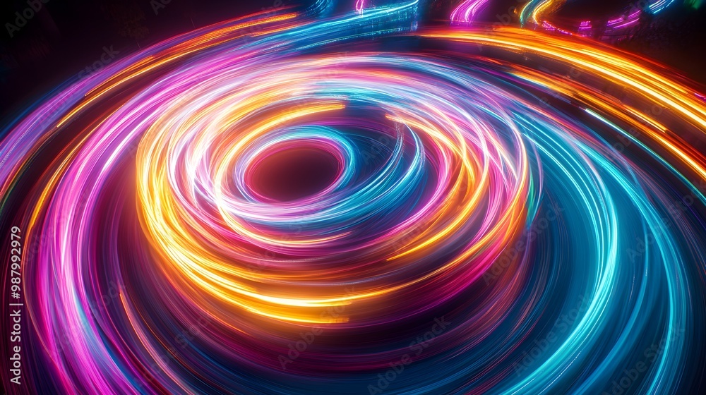 Nighttime aerial shot of an amusement park, bright colorful lights illuminating the roller coasters and spinning rides against a dark sky Nighttime aerial shot of an amusement park, bright colorful lights illuminating the roller coasters and spinning rides against a dark sky