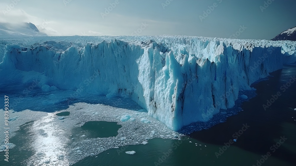 Aerial view of a glacier slowly drifting into the sea Aerial view of a glacier slowly drifting into the sea