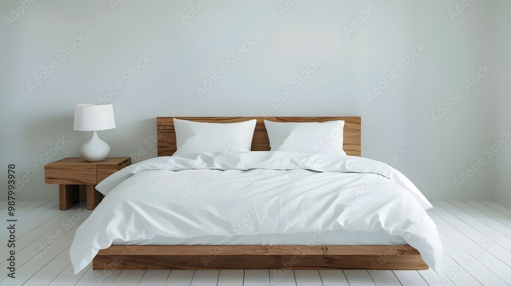 A minimalistic bedroom with a white bed and a wooden bedside table. A minimalistic bedroom with a white bed and a wooden bedside table.