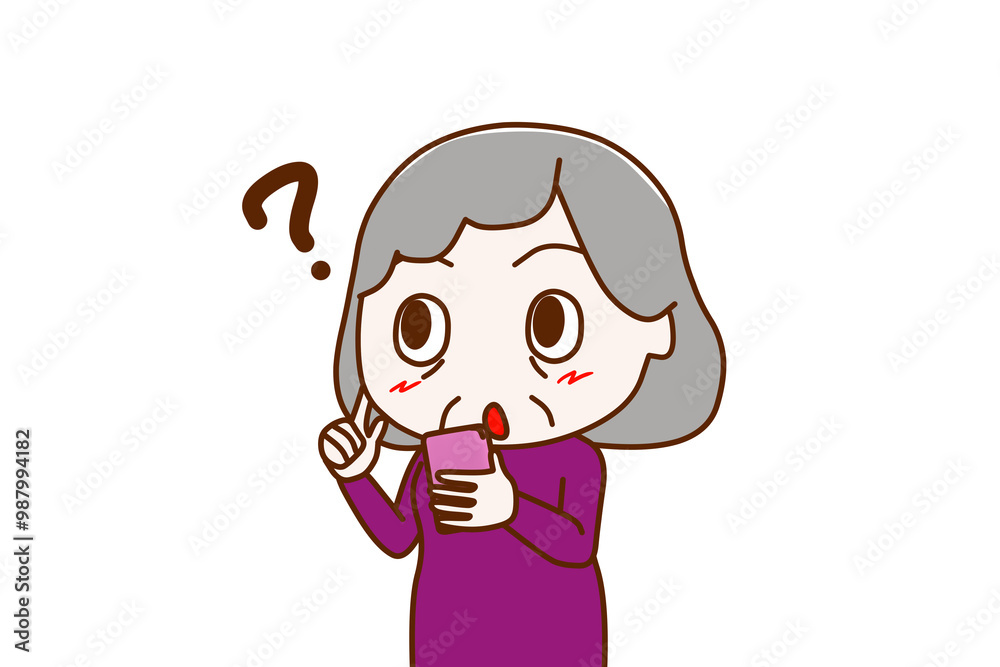 (上半身斜め)スマホを持ってキョトンと分からなくなり思い出そうとする高齢の女性 (上半身斜め)スマホを持ってキョトンと分からなくなり思い出そうとする高齢の女性