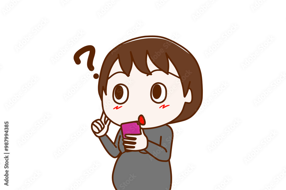 (上半身斜め)スマホを持ってキョトンと分からなくなり思い出そうとする妊婦 (上半身斜め)スマホを持ってキョトンと分からなくなり思い出そうとする妊婦
