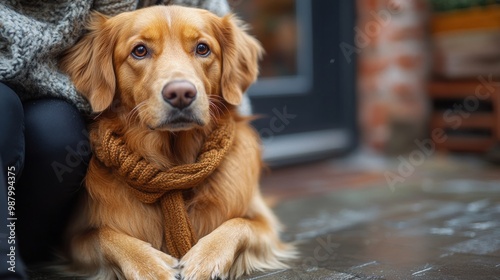 A golden retriever resting comfortably with a cozy scarf.