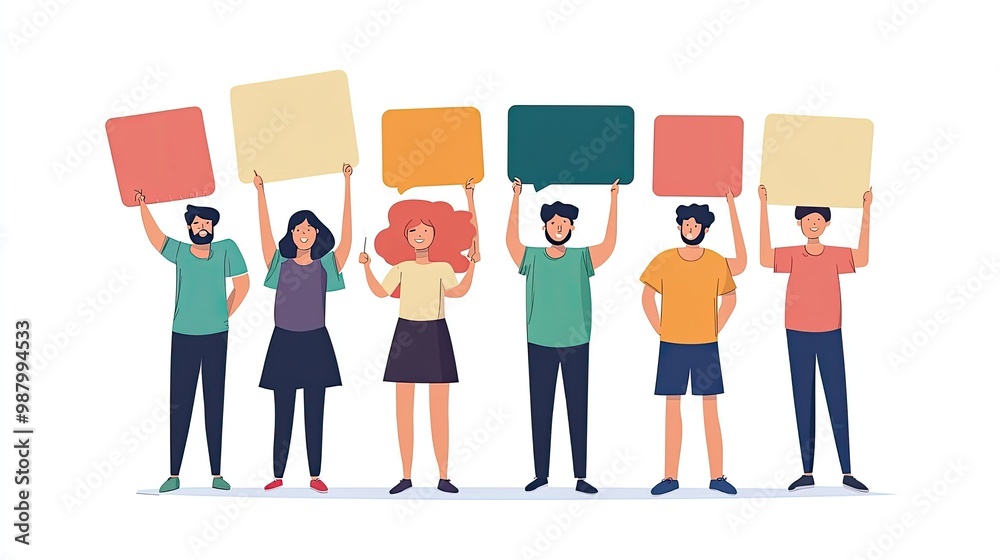 Fototapeta premium A group of diverse individuals holding blank signs, likely for a protest or demonstration.