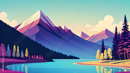 Stunning Vector Illustration: Mountain Landscape with Lake and Trees in Pastel Colors – Perfect for Desktop Backgrounds